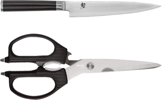 Classic 6" Utility Knife & Kai Multi-Purpose Kitchen Shears Set | Handcrafted Japanese Set, VG-MAX Core with Damascus Stainless Steel Cladding, Pakkawood Handle