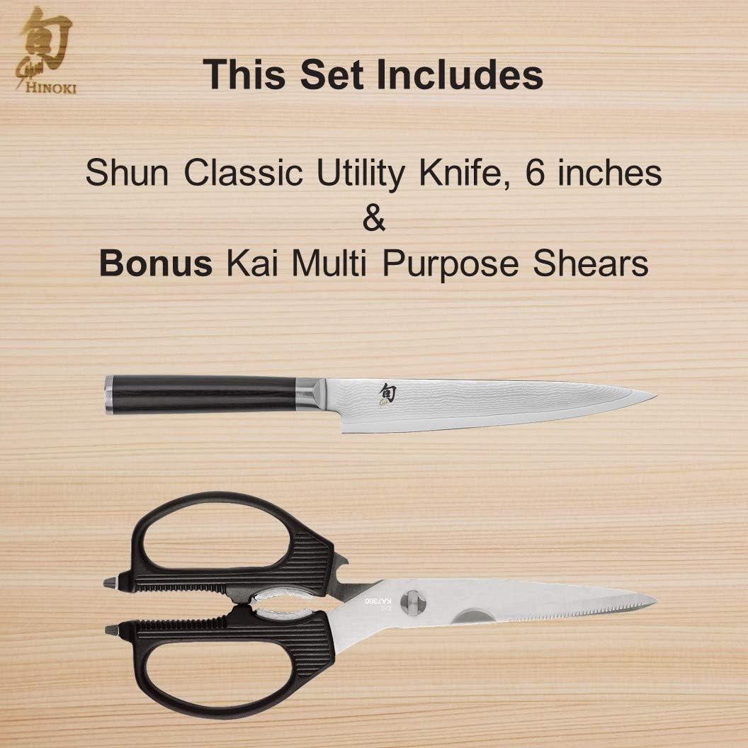 Classic 6" Utility Knife & Kai Multi-Purpose Kitchen Shears Set | Handcrafted Japanese Set, VG-MAX Core with Damascus Stainless Steel Cladding, Pakkawood Handle