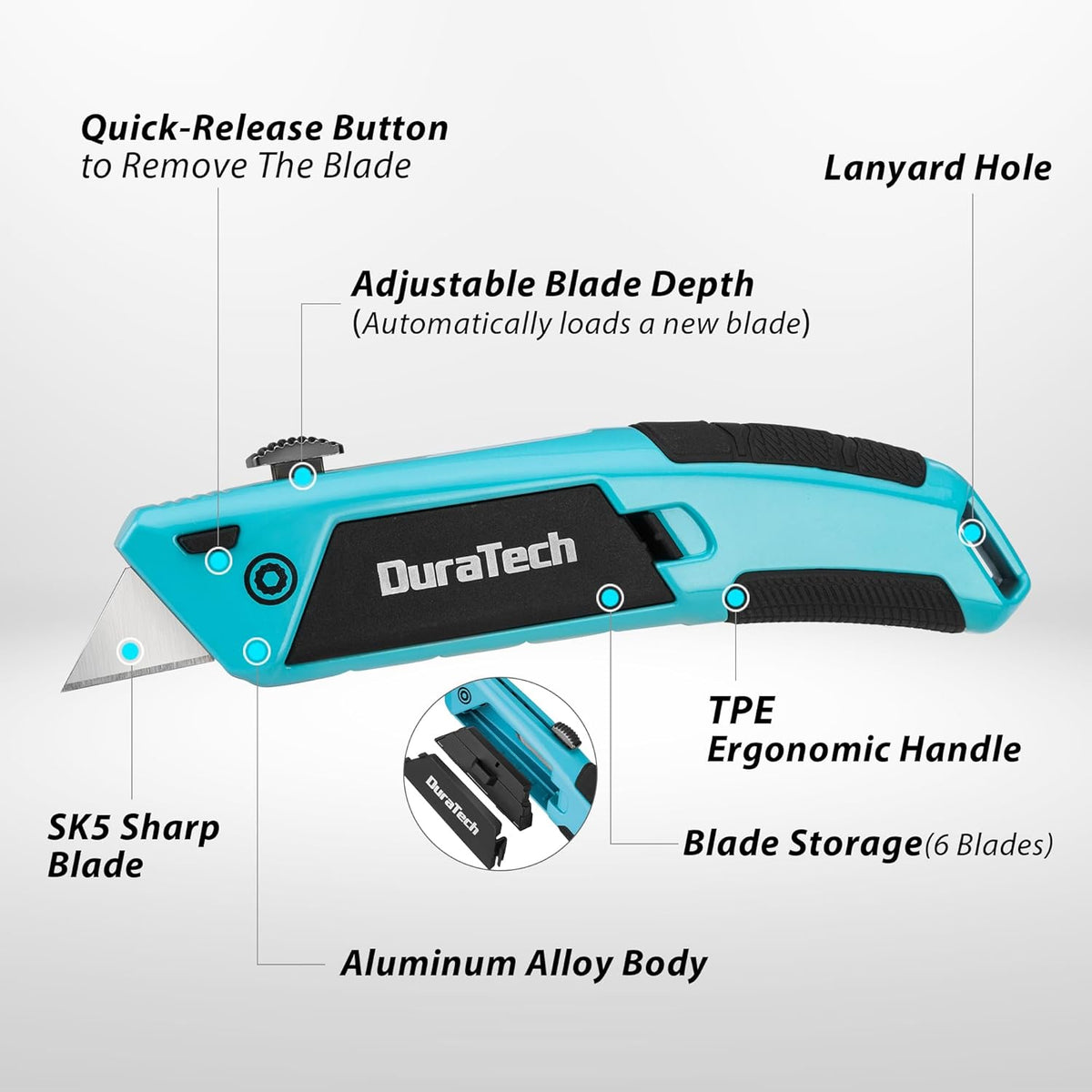Auto-Loading Utility Knife with 6 Preloaded SK5 Blades