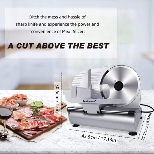 Electric Meat Slicer, 200W Electric Deli Food Slicer with 9” Removable Stainless Steel Blade & Adjustable Thickness Dial, for Home Use, Ideal for Meat Jerky, Hard Cheese, Vegetables & Bread