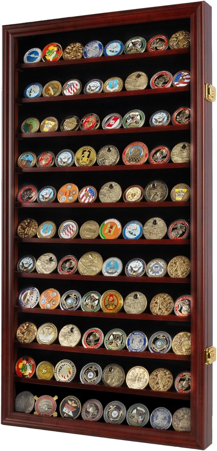 DisplayGifts Military Challenge Coin Display Case Poker Chips Holder Wall Cabinet Rack 29 X 16 Compatible with Army Navy Air Force Marine Corps Challenge Coins