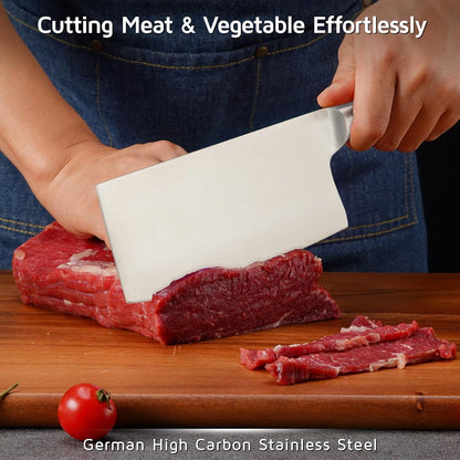 7 Inch Stainless Steel Meat Butcher Cleaver, Chinese Chef Knife | Super Sharp German High-Carbon Steel Blade, Ergonomic Handle, Ideal for Meat and Veg. Perfect for Home and Restaurant Cooks