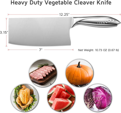 7 Inch Stainless Steel Meat Butcher Cleaver, Chinese Chef Knife | Super Sharp German High-Carbon Steel Blade, Ergonomic Handle, Ideal for Meat and Veg. Perfect for Home and Restaurant Cooks