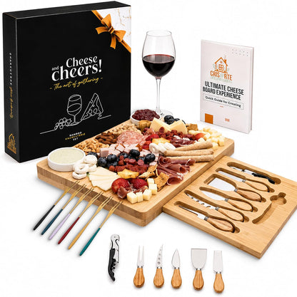 Bamboo Charcuterie Board gift Set, 12x15 in Cheese Board with 16 Accessories, Wine & Cheese Serving Platter, Gift for Housewarming, Wedding, Bridal Shower, Anniversary & Birthday for men and Women.
