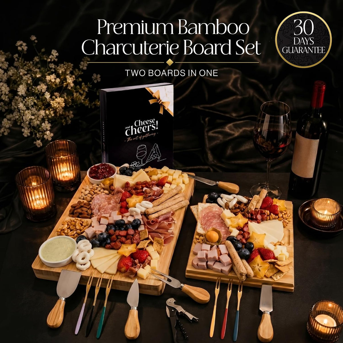 Bamboo Charcuterie Board gift Set, 12x15 in Cheese Board with 16 Accessories, Wine & Cheese Serving Platter, Gift for Housewarming, Wedding, Bridal Shower, Anniversary & Birthday for men and Women.