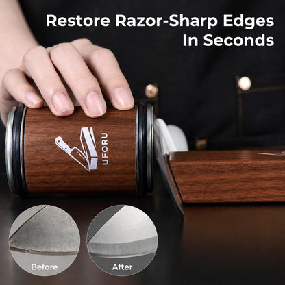 Rolling Knife Sharpener Kit, Knife Sharpener Tool with 15° & 20° Magnetic Angle Guide, Diamond Discs, Leather Strop, Wooden Kitchen Knife Sharpening System for Chef Knives