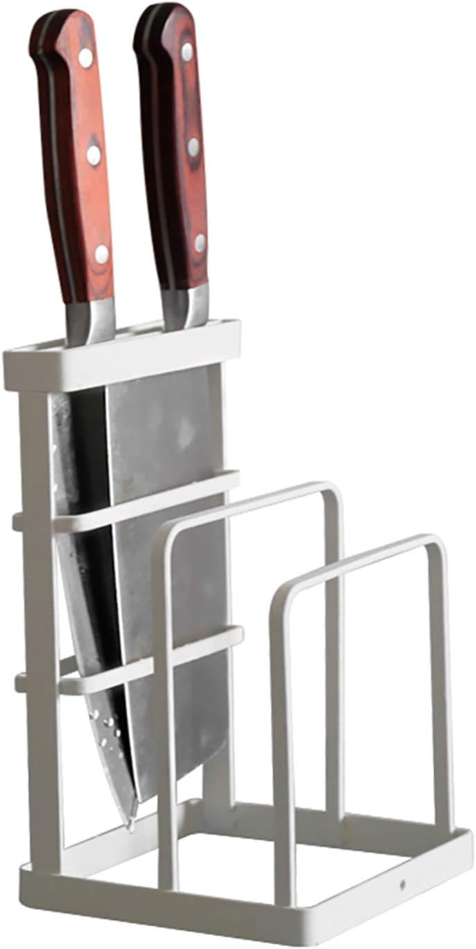 Metal Knife Block Without Knives, Multifunctional Knife Holder with 2 Layers Cutting Board Rack Dish Rack, Kitchen Storage Organizer,White