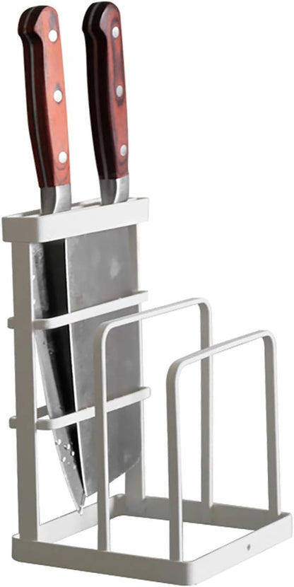 Metal Knife Block Without Knives, Multifunctional Knife Holder with 2 Layers Cutting Board Rack Dish Rack, Kitchen Storage Organizer,White