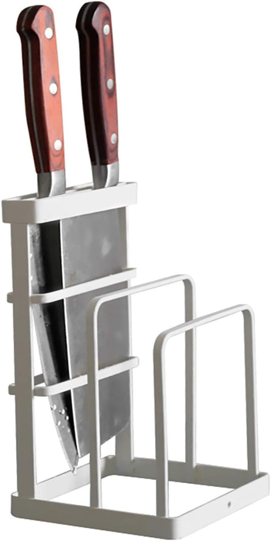 Metal Knife Block Without Knives, Multifunctional Knife Holder with 2 Layers Cutting Board Rack Dish Rack, Kitchen Storage Organizer,White