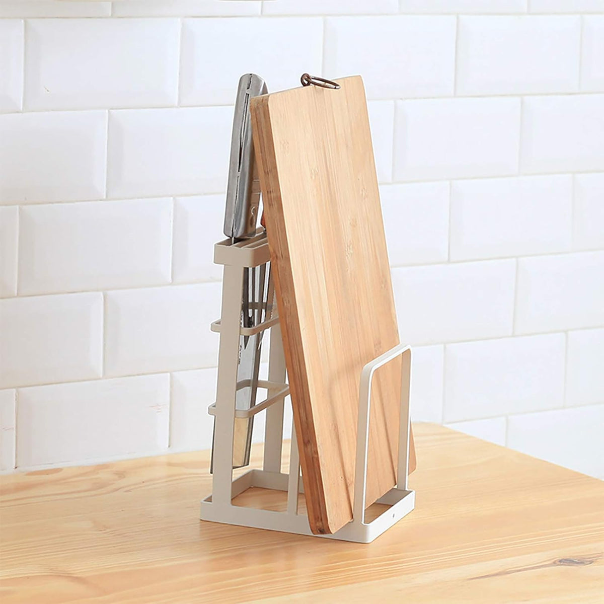 Metal Knife Block Without Knives, Multifunctional Knife Holder with 2 Layers Cutting Board Rack Dish Rack, Kitchen Storage Organizer,White