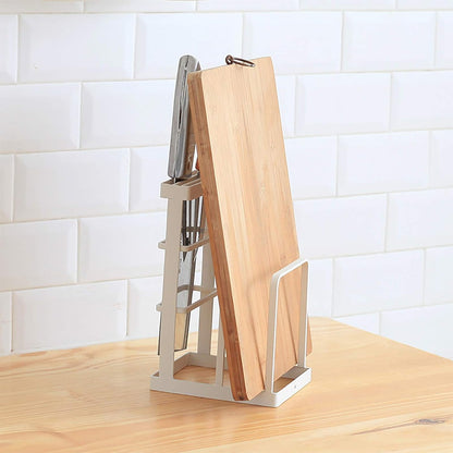 Metal Knife Block Without Knives, Multifunctional Knife Holder with 2 Layers Cutting Board Rack Dish Rack, Kitchen Storage Organizer,White