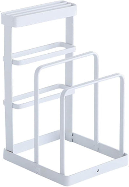 Metal Knife Block Without Knives, Multifunctional Knife Holder with 2 Layers Cutting Board Rack Dish Rack, Kitchen Storage Organizer,White