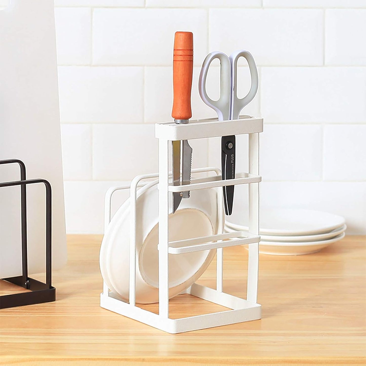 Metal Knife Block Without Knives, Multifunctional Knife Holder with 2 Layers Cutting Board Rack Dish Rack, Kitchen Storage Organizer,White