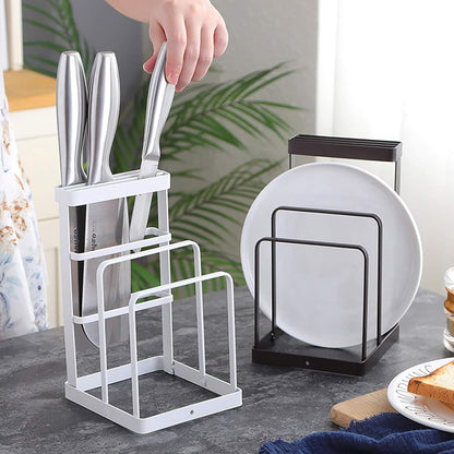 Metal Knife Block Without Knives, Multifunctional Knife Holder with 2 Layers Cutting Board Rack Dish Rack, Kitchen Storage Organizer,White