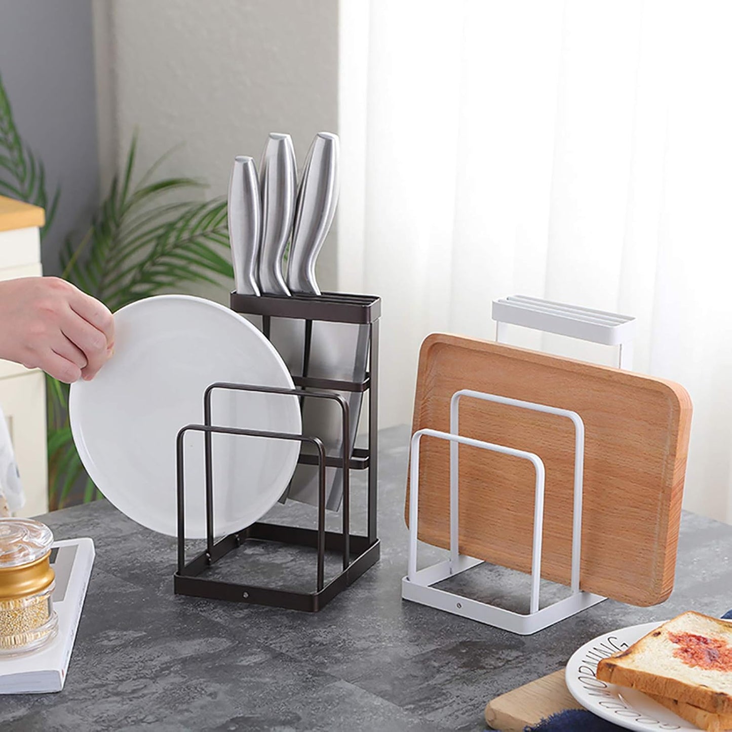 Metal Knife Block Without Knives, Multifunctional Knife Holder with 2 Layers Cutting Board Rack Dish Rack, Kitchen Storage Organizer,White