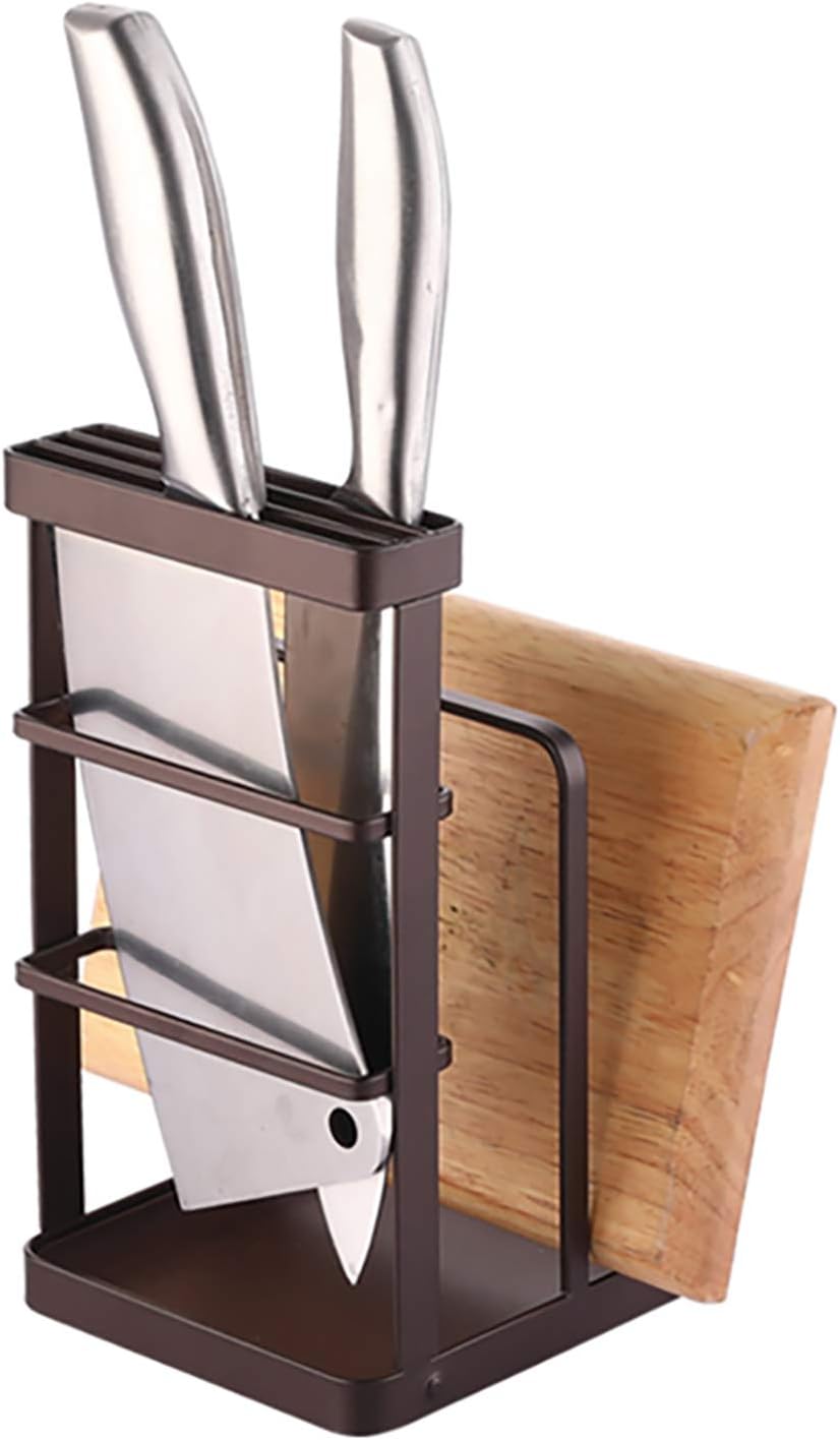 Metal Knife Block Without Knives, Multifunctional Knife Holder with 2 Layers Cutting Board Rack Dish Rack, Kitchen Storage Organizer,White