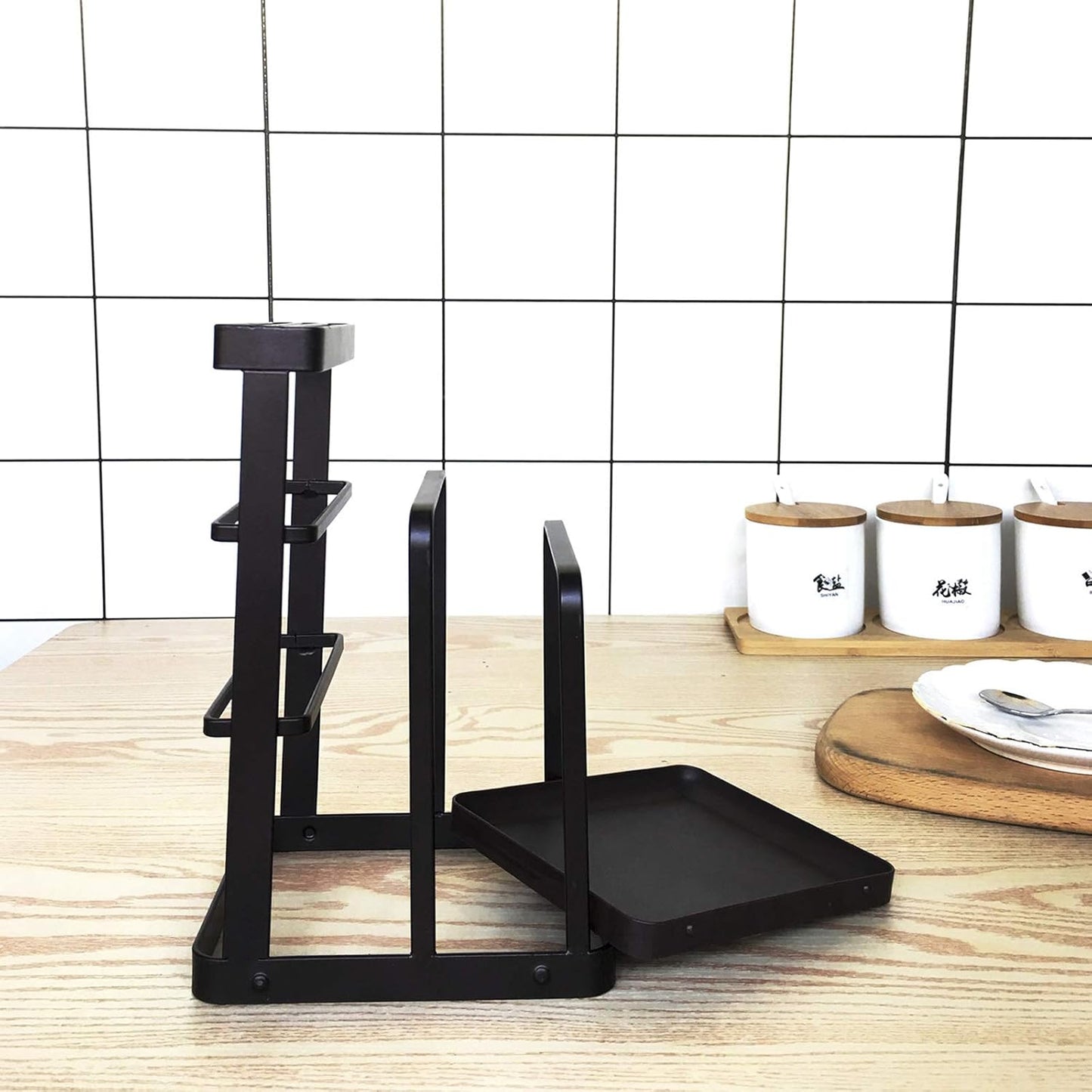 Metal Knife Block Without Knives, Multifunctional Knife Holder with 2 Layers Cutting Board Rack Dish Rack, Kitchen Storage Organizer,White