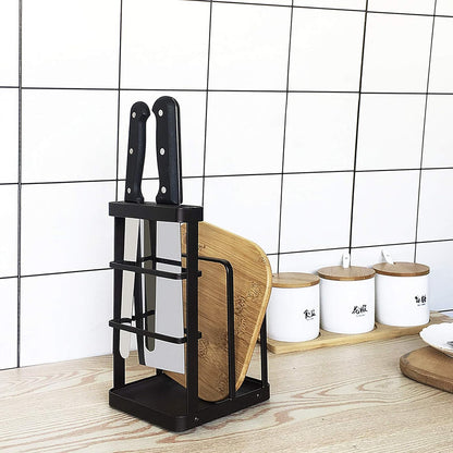 Metal Knife Block Without Knives, Multifunctional Knife Holder with 2 Layers Cutting Board Rack Dish Rack, Kitchen Storage Organizer,White