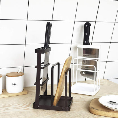Metal Knife Block Without Knives, Multifunctional Knife Holder with 2 Layers Cutting Board Rack Dish Rack, Kitchen Storage Organizer,White