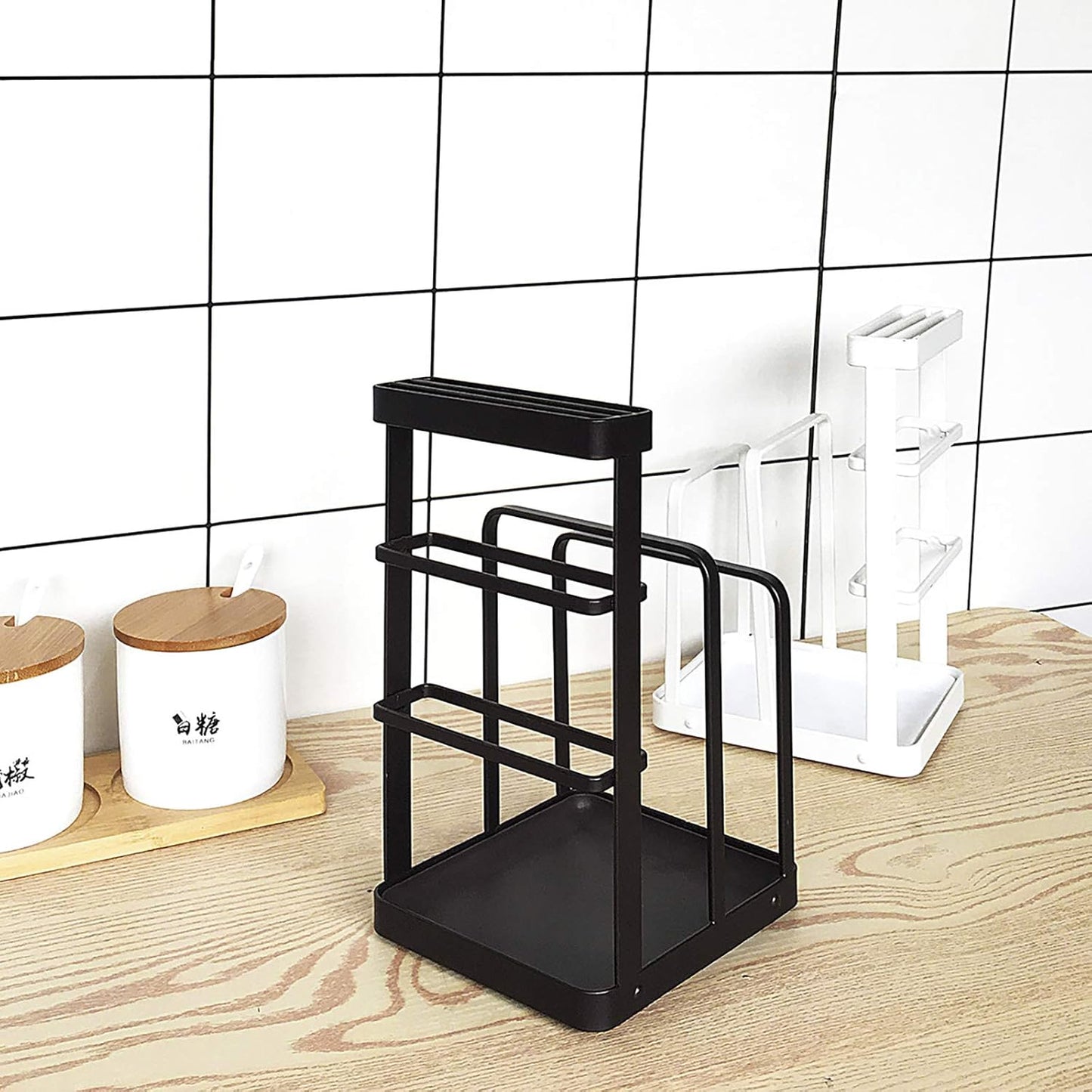Metal Knife Block Without Knives, Multifunctional Knife Holder with 2 Layers Cutting Board Rack Dish Rack, Kitchen Storage Organizer,White