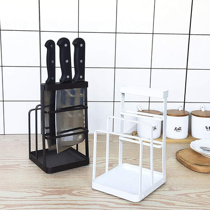 Metal Knife Block Without Knives, Multifunctional Knife Holder with 2 Layers Cutting Board Rack Dish Rack, Kitchen Storage Organizer,White
