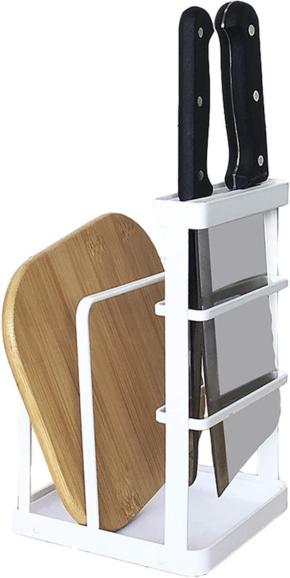 Metal Knife Block Without Knives, Multifunctional Knife Holder with 2 Layers Cutting Board Rack Dish Rack, Kitchen Storage Organizer,White