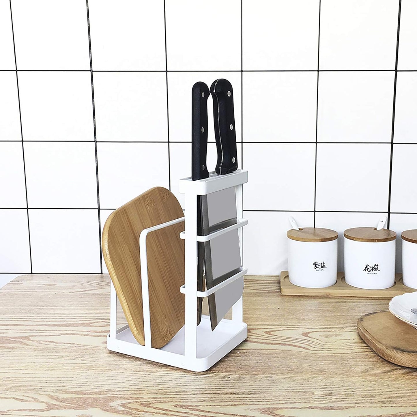Metal Knife Block Without Knives, Multifunctional Knife Holder with 2 Layers Cutting Board Rack Dish Rack, Kitchen Storage Organizer,White