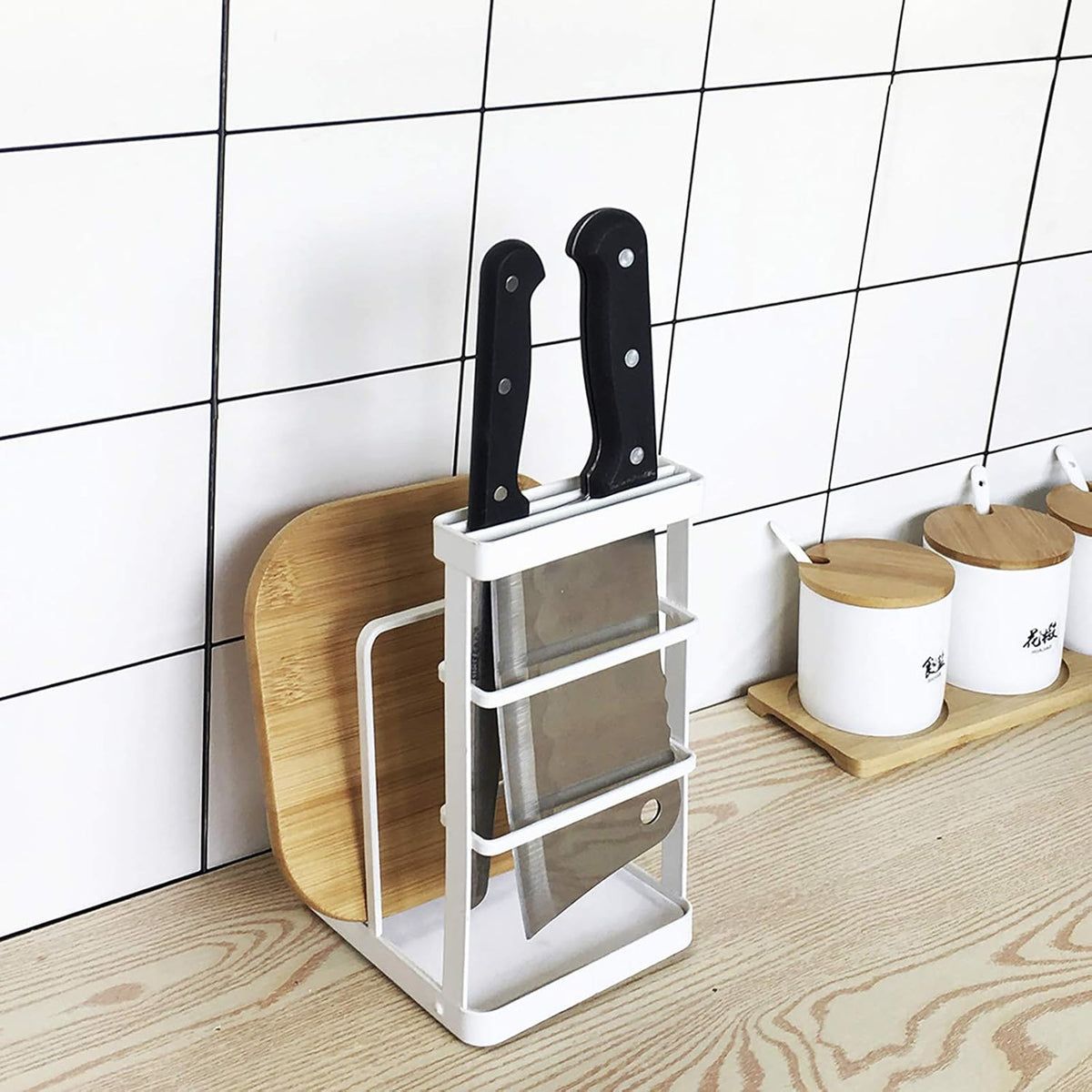 Metal Knife Block Without Knives, Multifunctional Knife Holder with 2 Layers Cutting Board Rack Dish Rack, Kitchen Storage Organizer,White