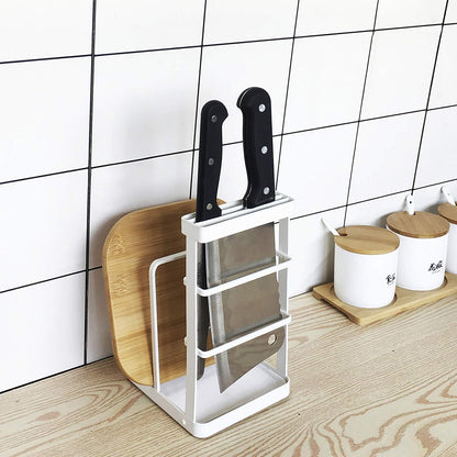 Metal Knife Block Without Knives, Multifunctional Knife Holder with 2 Layers Cutting Board Rack Dish Rack, Kitchen Storage Organizer,White