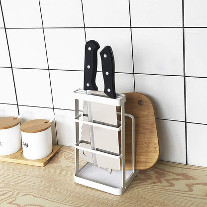 Metal Knife Block Without Knives, Multifunctional Knife Holder with 2 Layers Cutting Board Rack Dish Rack, Kitchen Storage Organizer,White