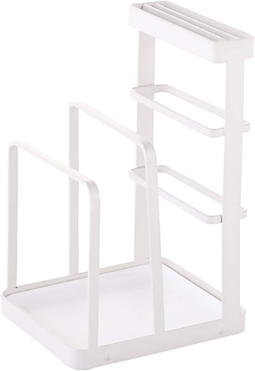 Metal Knife Block Without Knives, Multifunctional Knife Holder with 2 Layers Cutting Board Rack Dish Rack, Kitchen Storage Organizer,White