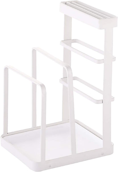 Metal Knife Block Without Knives, Multifunctional Knife Holder with 2 Layers Cutting Board Rack Dish Rack, Kitchen Storage Organizer,White