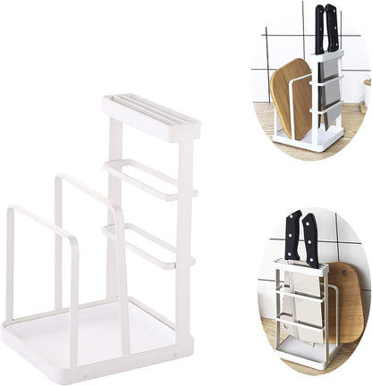 Metal Knife Block Without Knives, Multifunctional Knife Holder with 2 Layers Cutting Board Rack Dish Rack, Kitchen Storage Organizer,White