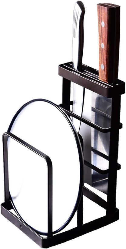 Metal Knife Block Without Knives, Multifunctional Knife Holder with 2 Layers Cutting Board Rack Dish Rack, Kitchen Storage Organizer,White