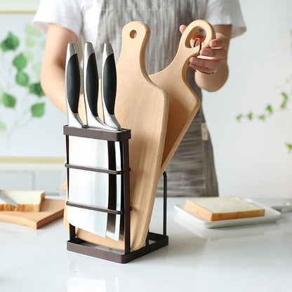 Metal Knife Block Without Knives, Multifunctional Knife Holder with 2 Layers Cutting Board Rack Dish Rack, Kitchen Storage Organizer,White