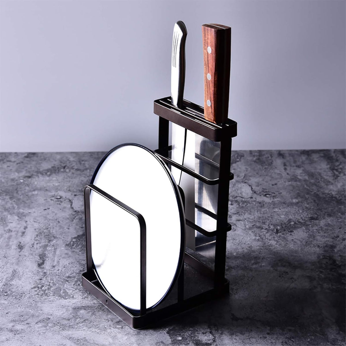 Metal Knife Block Without Knives, Multifunctional Knife Holder with 2 Layers Cutting Board Rack Dish Rack, Kitchen Storage Organizer,White