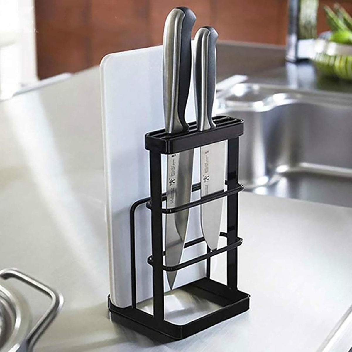 Metal Knife Block Without Knives, Multifunctional Knife Holder with 2 Layers Cutting Board Rack Dish Rack, Kitchen Storage Organizer,White