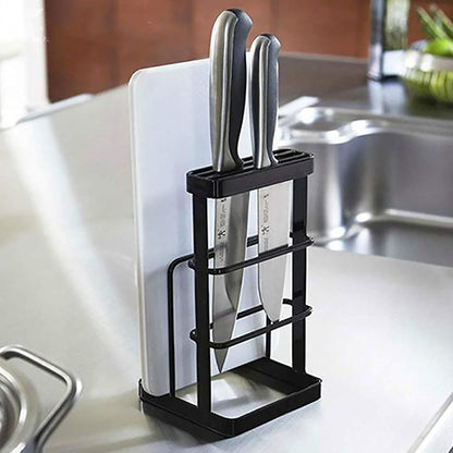 Metal Knife Block Without Knives, Multifunctional Knife Holder with 2 Layers Cutting Board Rack Dish Rack, Kitchen Storage Organizer,White