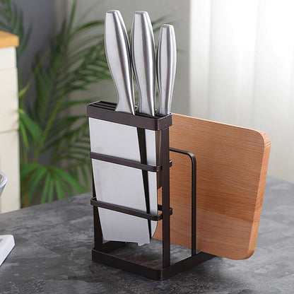 Metal Knife Block Without Knives, Multifunctional Knife Holder with 2 Layers Cutting Board Rack Dish Rack, Kitchen Storage Organizer,White