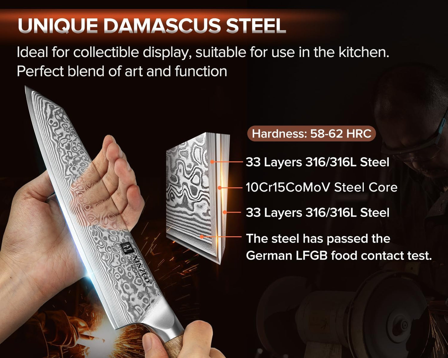 Damascus 8.3 Inch Kiritsuke Chef Knife,Hand Forged High Carbon Steel Sharp Kitchen Cutting Knife,Comfortable Ergonomic Full Tang Figured Sycamore Wood Handle