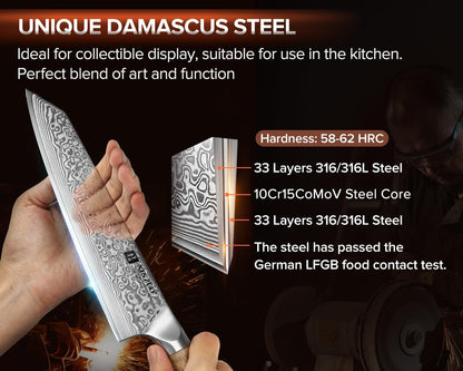Damascus 8.3 Inch Kiritsuke Chef Knife,Hand Forged High Carbon Steel Sharp Kitchen Cutting Knife,Comfortable Ergonomic Full Tang Figured Sycamore Wood Handle