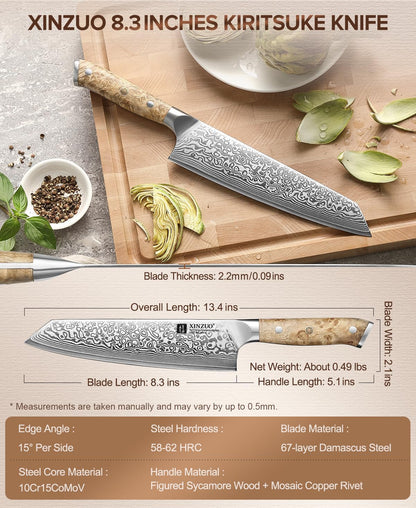 Damascus 8.3 Inch Kiritsuke Chef Knife,Hand Forged High Carbon Steel Sharp Kitchen Cutting Knife,Comfortable Ergonomic Full Tang Figured Sycamore Wood Handle
