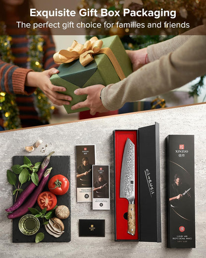 Damascus 8.3 Inch Kiritsuke Chef Knife,Hand Forged High Carbon Steel Sharp Kitchen Cutting Knife,Comfortable Ergonomic Full Tang Figured Sycamore Wood Handle