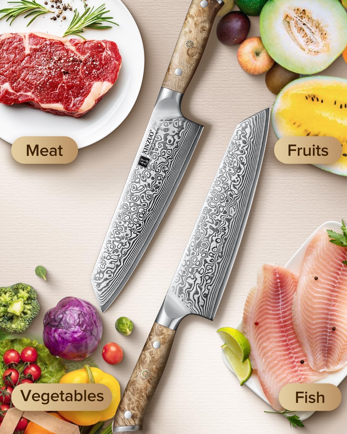 Damascus 8.3 Inch Kiritsuke Chef Knife,Hand Forged High Carbon Steel Sharp Kitchen Cutting Knife,Comfortable Ergonomic Full Tang Figured Sycamore Wood Handle