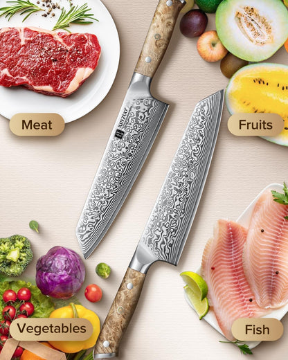 Damascus 8.3 Inch Kiritsuke Chef Knife,Hand Forged High Carbon Steel Sharp Kitchen Cutting Knife,Comfortable Ergonomic Full Tang Figured Sycamore Wood Handle