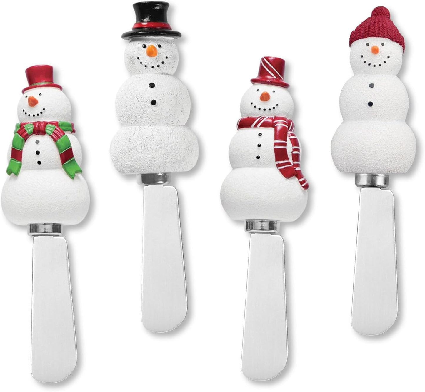 Snowmen Cheese Spreaders, Hand-Painted Resin Handles with Stainless Steel Blades for Spreading Cream Cheese, Butter, and Jam, Assorted Designs, Set of 4