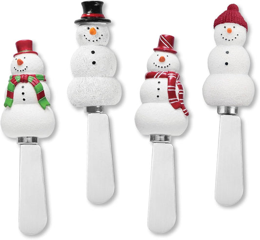 Snowmen Cheese Spreaders, Hand-Painted Resin Handles with Stainless Steel Blades for Spreading Cream Cheese, Butter, and Jam, Assorted Designs, Set of 4