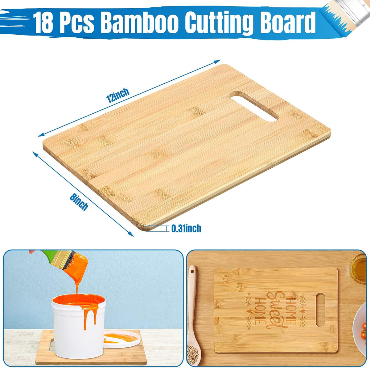 18 Pack 12" x 8" Wood Cutting Boards with Handles Laser Engraving Bamboo Cutting Board Blanks Bulk Craft Boards for Wood Burning, Custom Engraving Gifts
