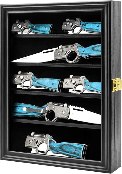 Knife Display Case with Lockable 98% UV Protection Acrylic Door, Wall Mount Wooden Military Folding Knife Display Stand, Pocket Knife Display Cases for Storage, Collection, Black Finish
