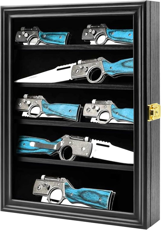 Knife Display Case with Lockable 98% UV Protection Acrylic Door, Wall Mount Wooden Military Folding Knife Display Stand, Pocket Knife Display Cases for Storage, Collection, Black Finish